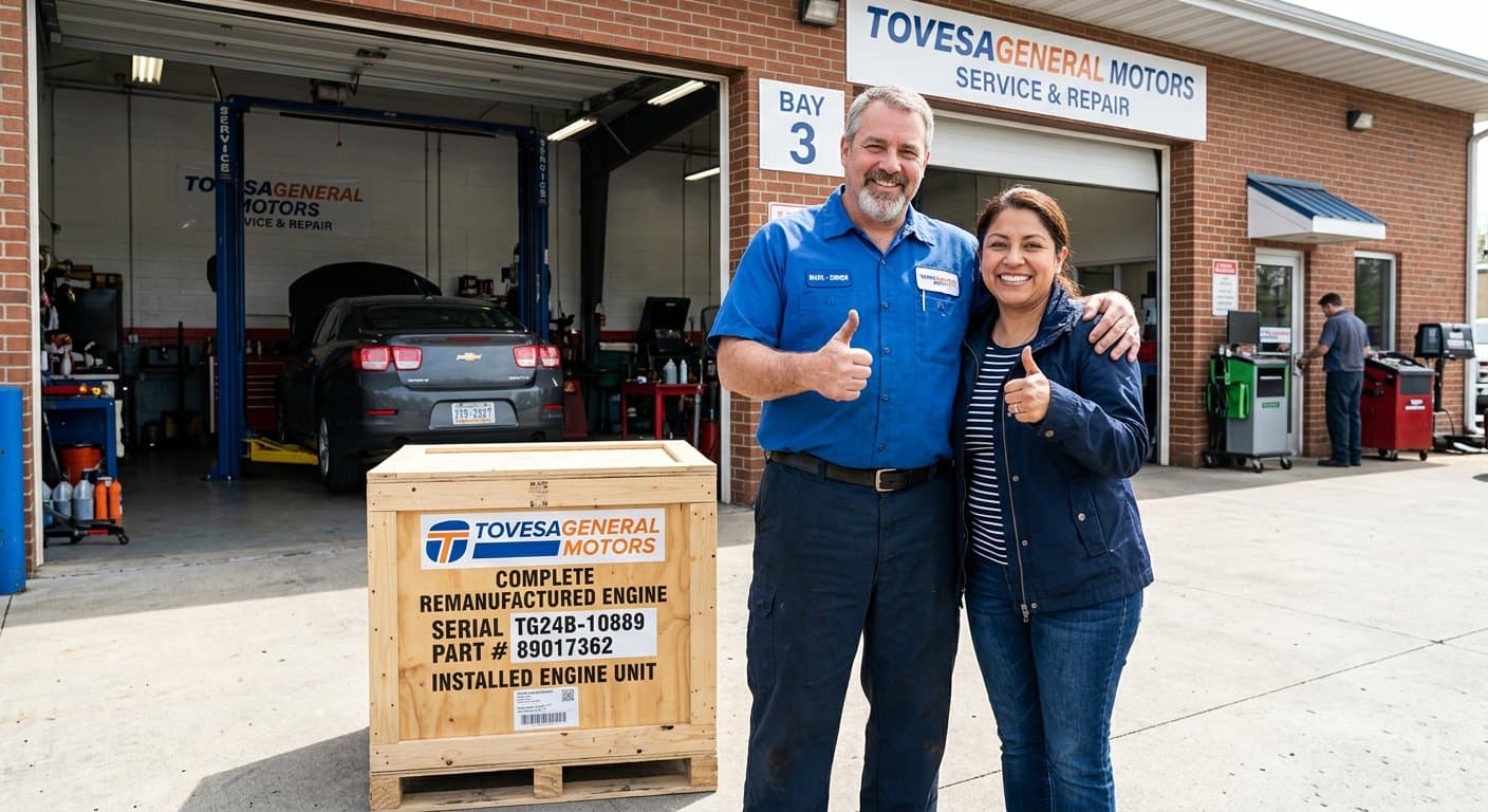 Happy Auto Repair Mechanic and Customer with Delivered Tovesageneral Motors Engine Crate